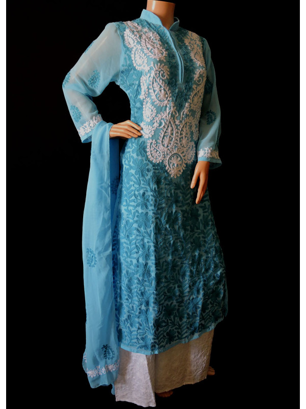 ISHIEQA's Aari work Blue-W Georgette Kurti with Dupatta -DC2501C