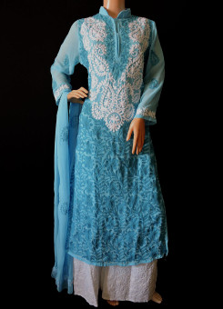ISHIEQA's Aari work Blue-W Georgette Kurti with Dupatta -DC2501C