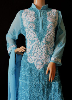 ISHIEQA's Aari work Blue-W Georgette Kurti with Dupatta -DC2501C