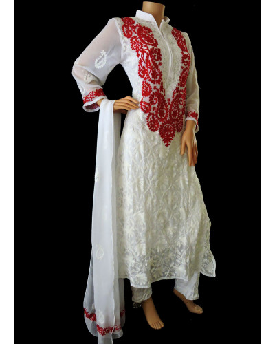 ISHIEQA's Aari work White-Red Georgette Kurti with Dupatta -DC2501C