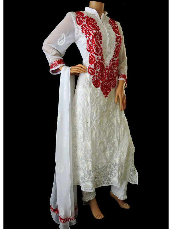ISHIEQA's Aari work White-Red Georgette Kurti with Dupatta -DC2501C