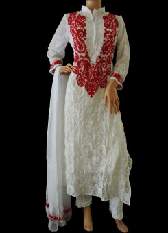 ISHIEQA's Aari work White-Red Georgette Kurti with Dupatta -DC2501C