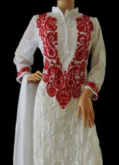 ISHIEQA's Aari work White-Red Georgette Kurti with Dupatta -DC2501C