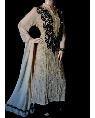 ISHIEQA's Aari work Beige-Black Georgette Kurti with Dupatta -DC2501C