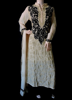 ISHIEQA's Aari work Beige-Black Georgette Kurti with Dupatta -DC2501C