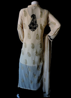 ISHIEQA's Aari work Beige-Black Georgette Kurti with Dupatta -DC2501C