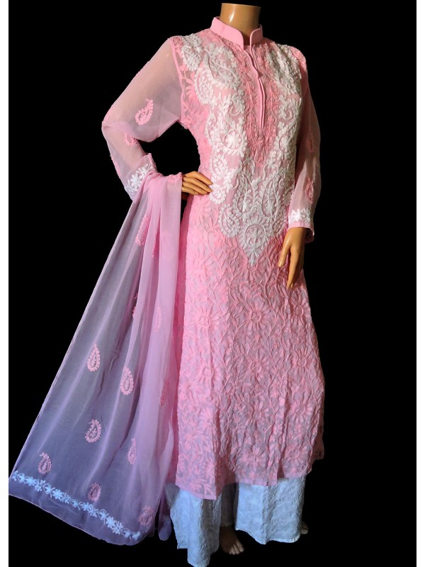 Ada Hand Embroidered Onion Pink Georgette Lucknowi Chikankari Indian Women  Kurta With Slip - A186499 - Ada - 2119649