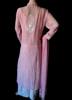 ISHIEQA's Aari work Pink-White Georgette Kurti with Dupatta -DC2501C