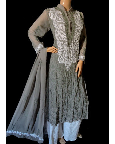 ISHIEQA's Aari work Grey-White Georgette Kurti with Dupatta -DC2501C