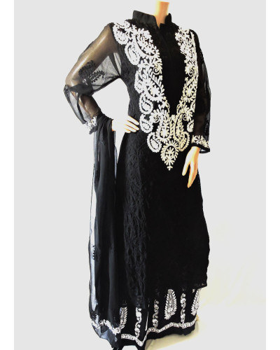 ISHIEQA's Aari work Black-White Georgette Kurti with Dupatta -DC2501C