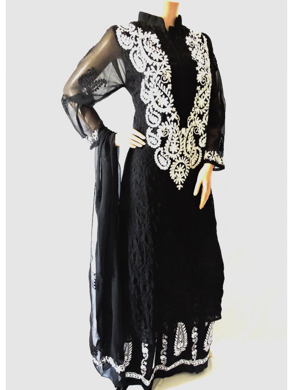 ISHIEQA's Aari work Black-White Georgette Kurti with Dupatta -DC2501C