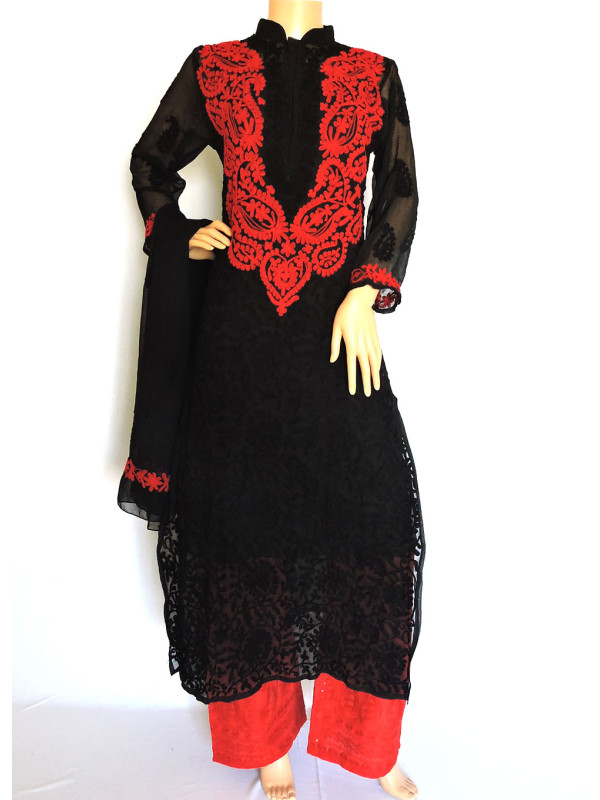 ISHIEQA's Aari work Black-Red Georgette Kurti with Dupatta -DC2501C