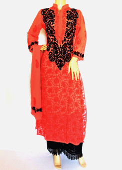 ISHIEQA's Aari work Coral-Black Georgette Kurti with Dupatta -DC2501C