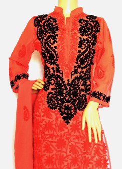 ISHIEQA's Aari work Coral-Black Georgette Kurti with Dupatta -DC2501C