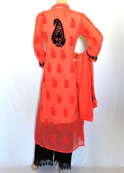 ISHIEQA's Aari work Coral-Black Georgette Kurti with Dupatta -DC2501C