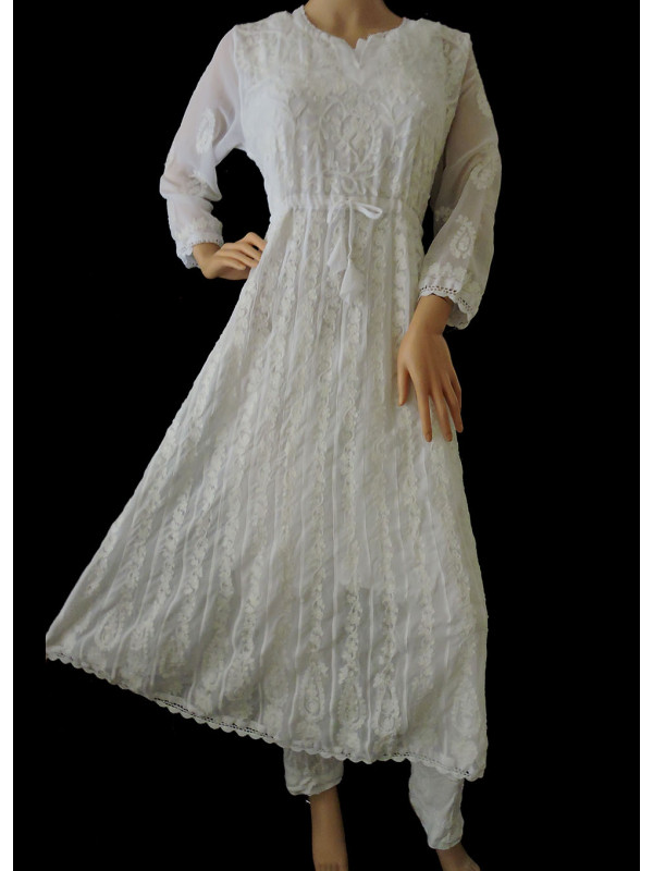 ISHIEQA's Aari work White Georgette Anarkali Kurta  - DC0505B