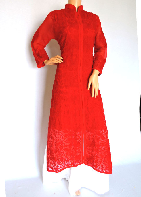ISHIEQA's Aari work Red Georgette Sherwani style Kurti  - DC0402B