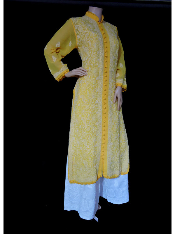 ISHIEQA's Designer Yellow Georgette Chikankari Kurti  - MV1105D