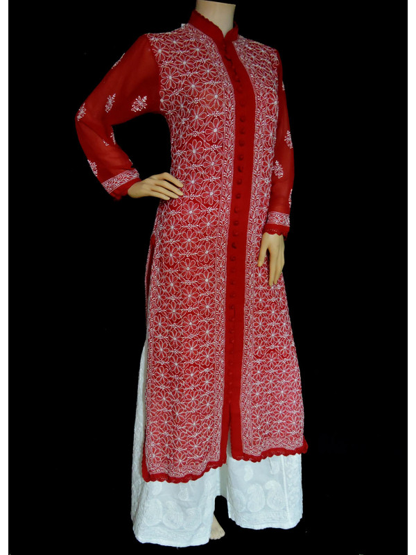 ISHIEQA's Designer Red Georgette Chikankari Kurti  - MV1105D
