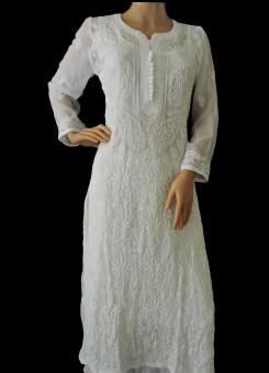ISHIEQA's White Georgette Chikankari Kurti  - DC1802C