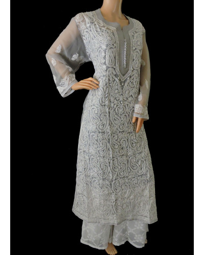 ISHIEQA's Grey Georgette Chikankari Kurti  - DC1802C