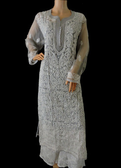 ISHIEQA's Grey Georgette Chikankari Kurti  - DC1802C