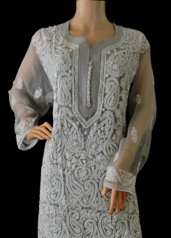 ISHIEQA's Grey Georgette Chikankari Kurti  - DC1802C