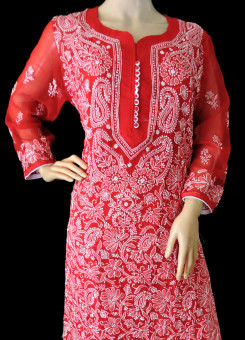 ISHIEQA's Red Georgette Chikankari Kurti  - DC1802C