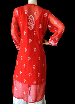 ISHIEQA's Red Georgette Chikankari Kurti  - DC1802C