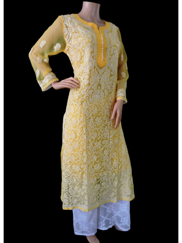ISHIEQA's Yellow Georgette Chikankari Kurti  - DC1802C