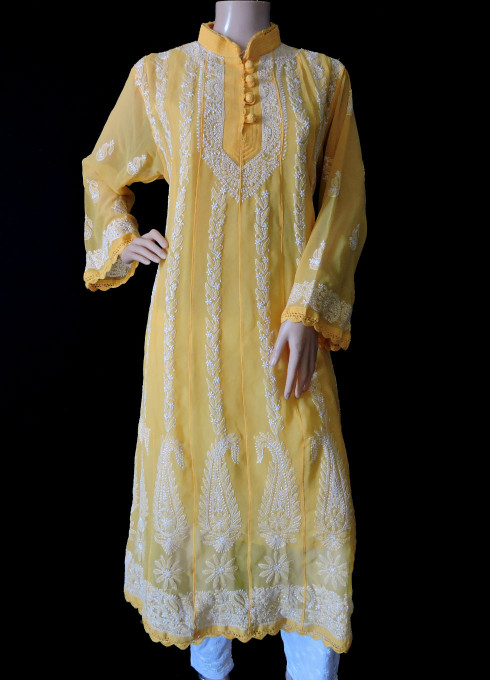 ISHIEQA's Yellow Georgette kalidaar Kurti  - DC0123B