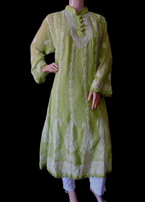 ISHIEQA's Green Georgette kalidaar Kurti  - DC0123B