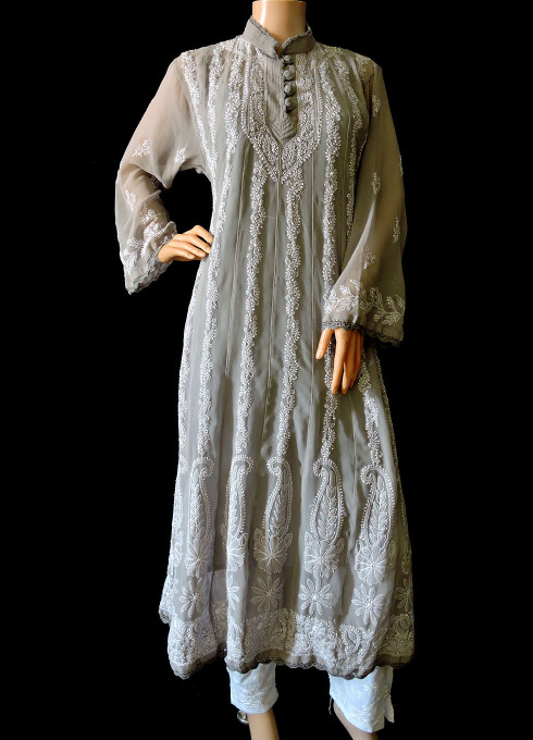 ISHIEQA's Grey Georgette kalidaar Kurti  - DC0123B