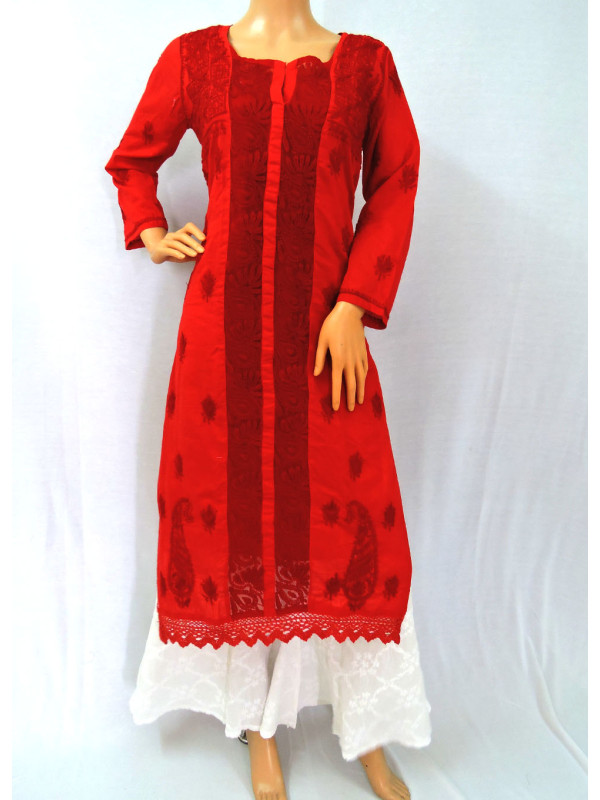 ISHIEQA's Red Cotton Chikankari Kurti - UK0101B