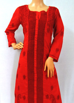 ISHIEQA's Red Cotton Chikankari Kurti - UK0101B