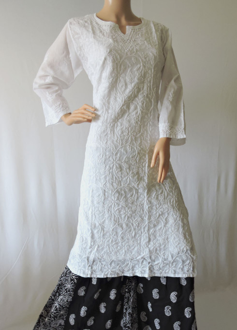 ISHIEQA's White Chikankari Cotton Kurti  - DC0405B