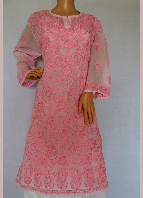 ISHIEQA's Pink Chikankari Cotton Kurti  - DC0405B
