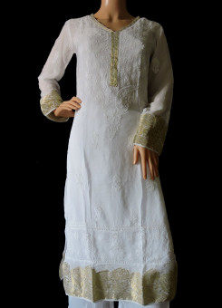 ISHIEQA's White and Gold Georgette Chikankari Kurti  - SF0203B