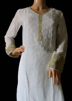ISHIEQA's White and Gold Georgette Chikankari Kurti  - SF0203B