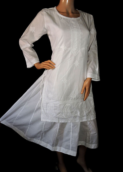 ISHIEQA's White Kalidaar Chikankari Cotton Kurti  - DC2306C