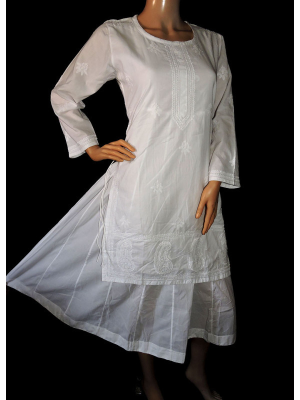 ISHIEQA's White Kalidaar Chikankari Cotton Kurti  - DC2306C
