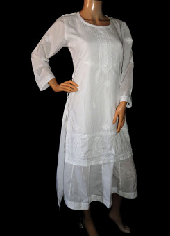 ISHIEQA's White Kalidaar Chikankari Cotton Kurti  - DC2306C