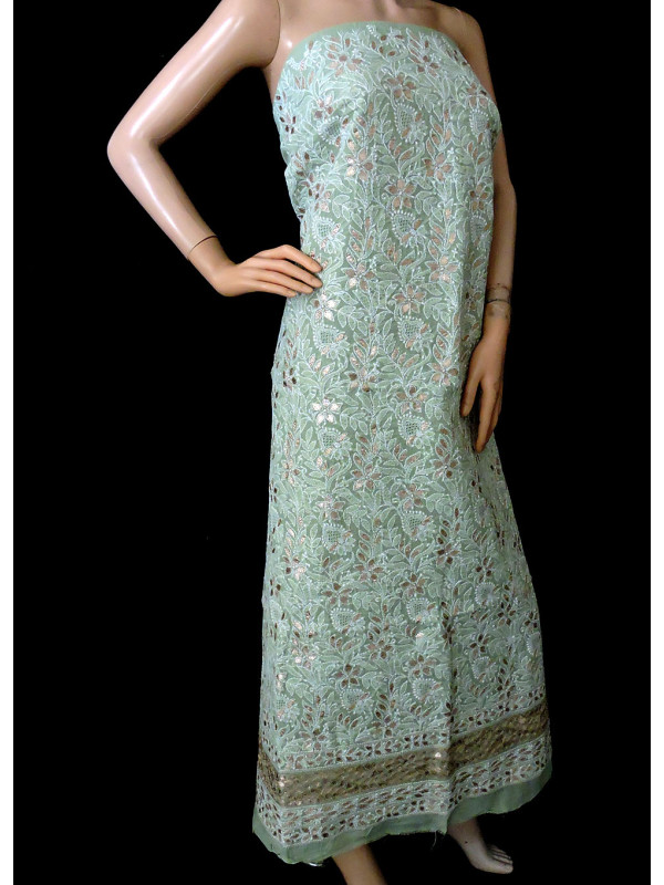 ISHIEQA's Green Cotton Gotta Patti Kurti Fabric - DC2408C