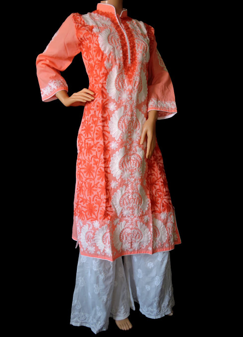 ISHIEQA's Aari work Peach Cotton Kurti  - DC0402C