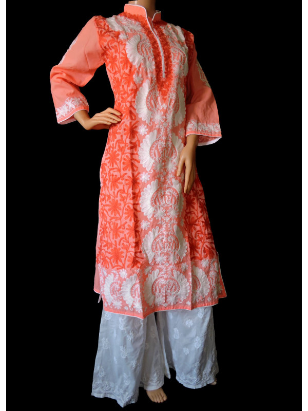ISHIEQA's Aari work Peach Cotton Kurti  - DC0402C