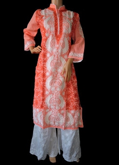 ISHIEQA's Aari work Peach Cotton Kurti  - DC0402C