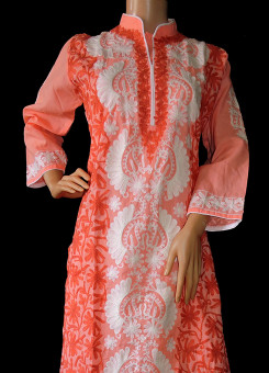 ISHIEQA's Aari work Peach Cotton Kurti  - DC0402C
