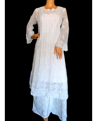 ISHIEQA's White Chikankari Georgette Anarkali Kurti - DC1203C