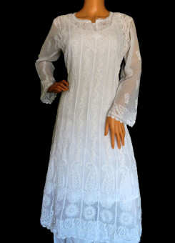 ISHIEQA's White Chikankari Georgette Anarkali Kurti - DC1203C
