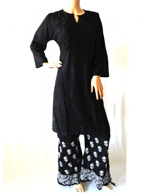 Buy Grace Collections Women's Ethnic Cotton Lucknowi Chikankari Kurti (Black  Colour, Aari Work, Multi Thread, Size 36) at Amazon.in